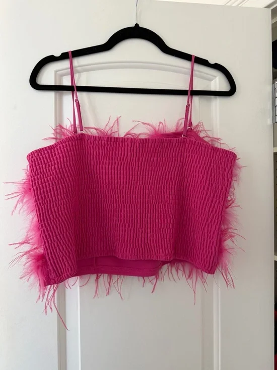 Lucy Paris Hot Pink Feather Trim Crop Top - Picture 3 of 3